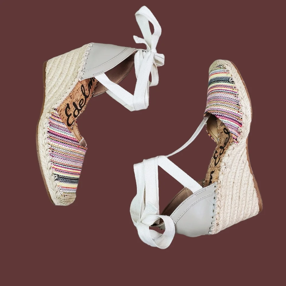 Sam Edelman Patsy Woven Multicolor Ankle Tie Wedge Espadrille Shoes Size 7
